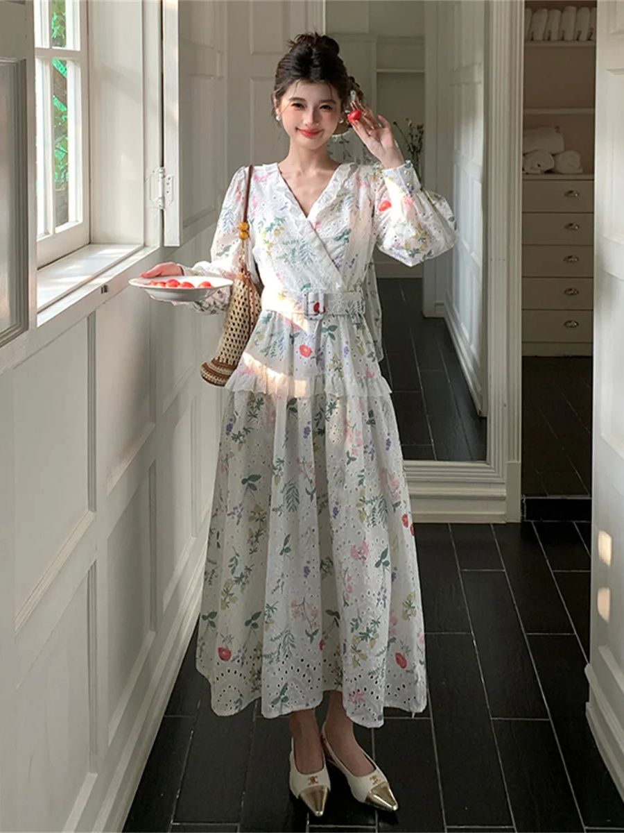 French Vintage Floral Midi Dress - Sukienka midi w stylu francuskim, romantyczna,