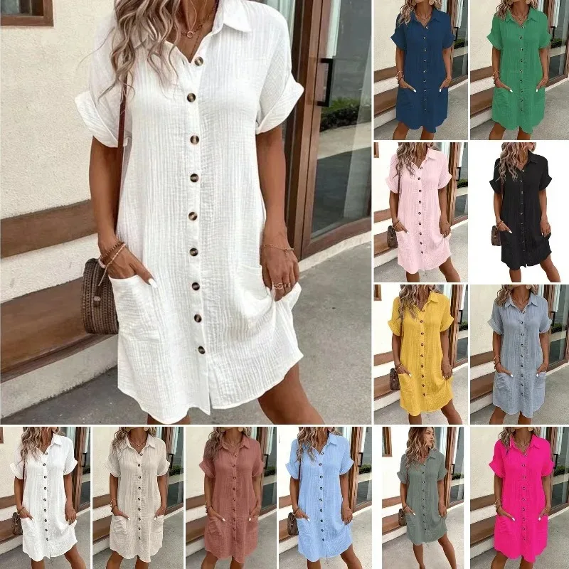 Casual Loose Linen Shirt Dress - Modna, codzienna sukienka w stylu bawełniano-lnianym,