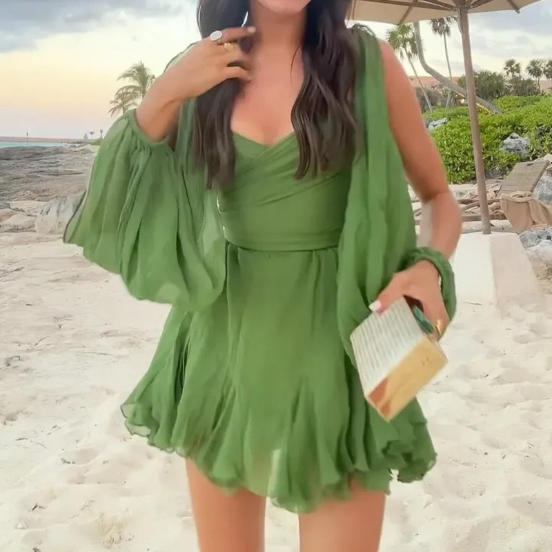 Boho Summer Beach Maxi Dress - Damska sukienka mini z falbanami, wykonana
