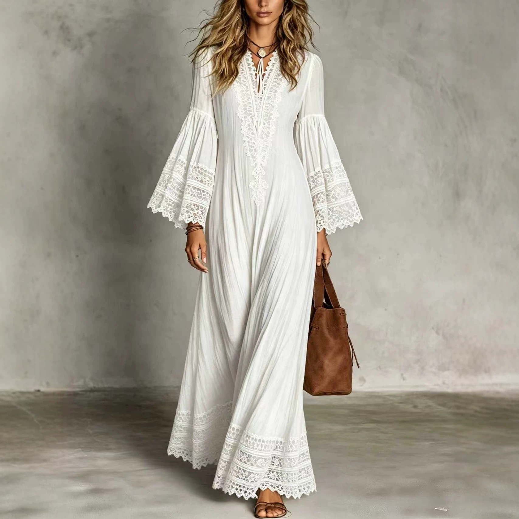 Boho Summer Beach Maxi Dress - Elegancka, długa sukienka maxi z koronki,
