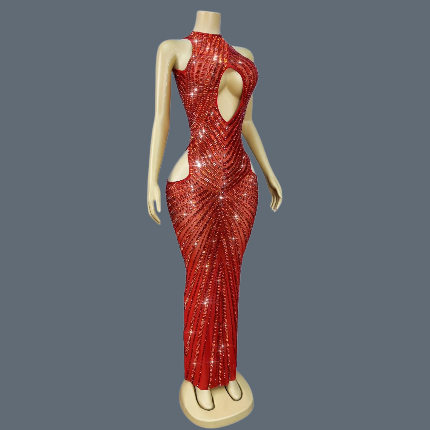 Sparkly Rhinestone Club Party Dress - Luksusowa czerwona sukienka syrenka z kryształkami,