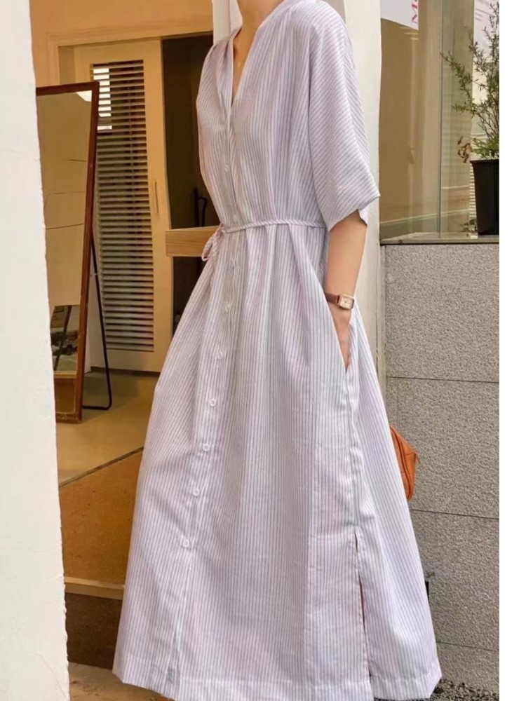 Letnia Sukienka Damska w Paski – Casual Loose Linen Shirt Dress recenzja i cena