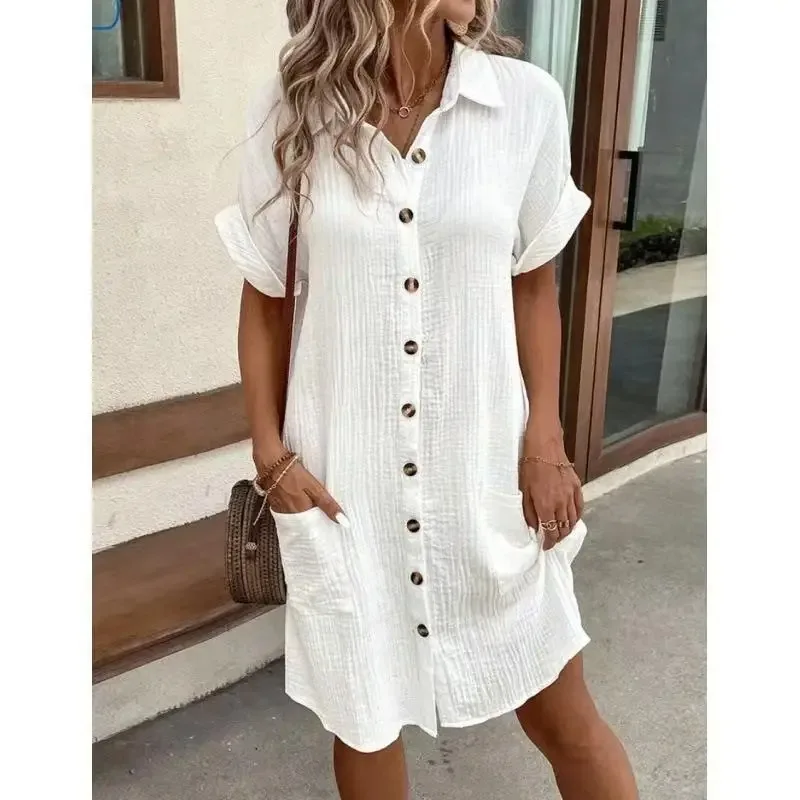 Modna, codzienna sukienka w st – Casual Loose Linen Shirt Dress recenzja i cena