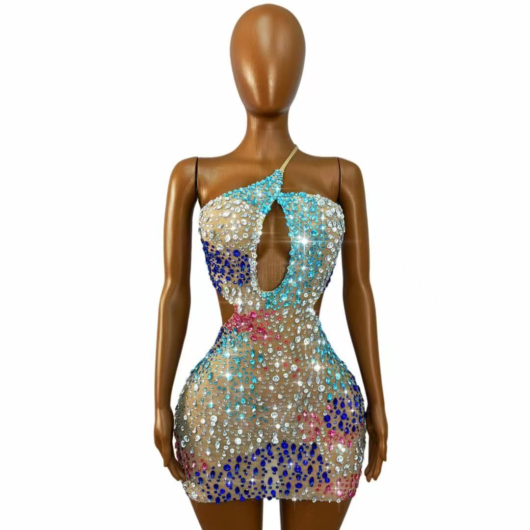 Błyszcząca, kolorowa sukienka  – Sparkly Rhinestone Club Party Dress recenzja i cena