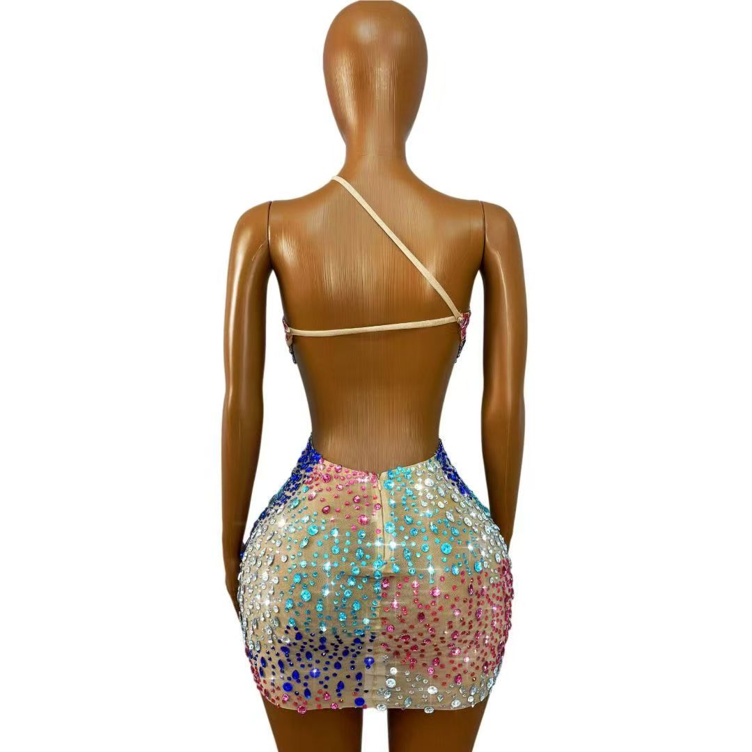 Błyszcząca, kolorowa sukienka  – Sparkly Rhinestone Club Party Dress recenzja i cena